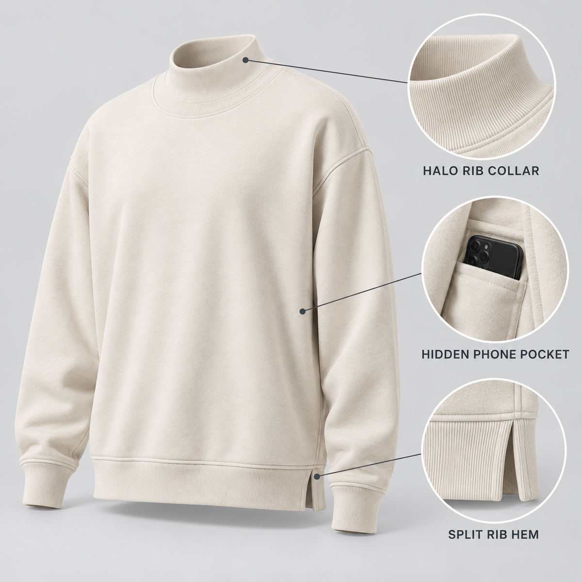 HaloRib Mock-Neck Sweatshirt - Bone